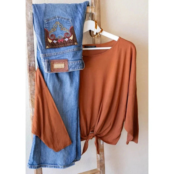 Vintage Lawman Jeans Sz 14/15 Western Bootcut Embroidered Gold Patchwork Arrows - Picture 12 of 12